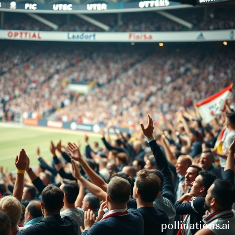 Ecstatic football fans in the stands, adorned in team colors, passionately cheering and waving scarves, creating an electric atmosphere.