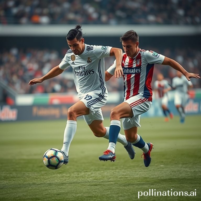 An intense moment in a football match, with a Real Madrid player skillfully dribbling past a Real Sociedad defender, showcasing the high-stakes action.