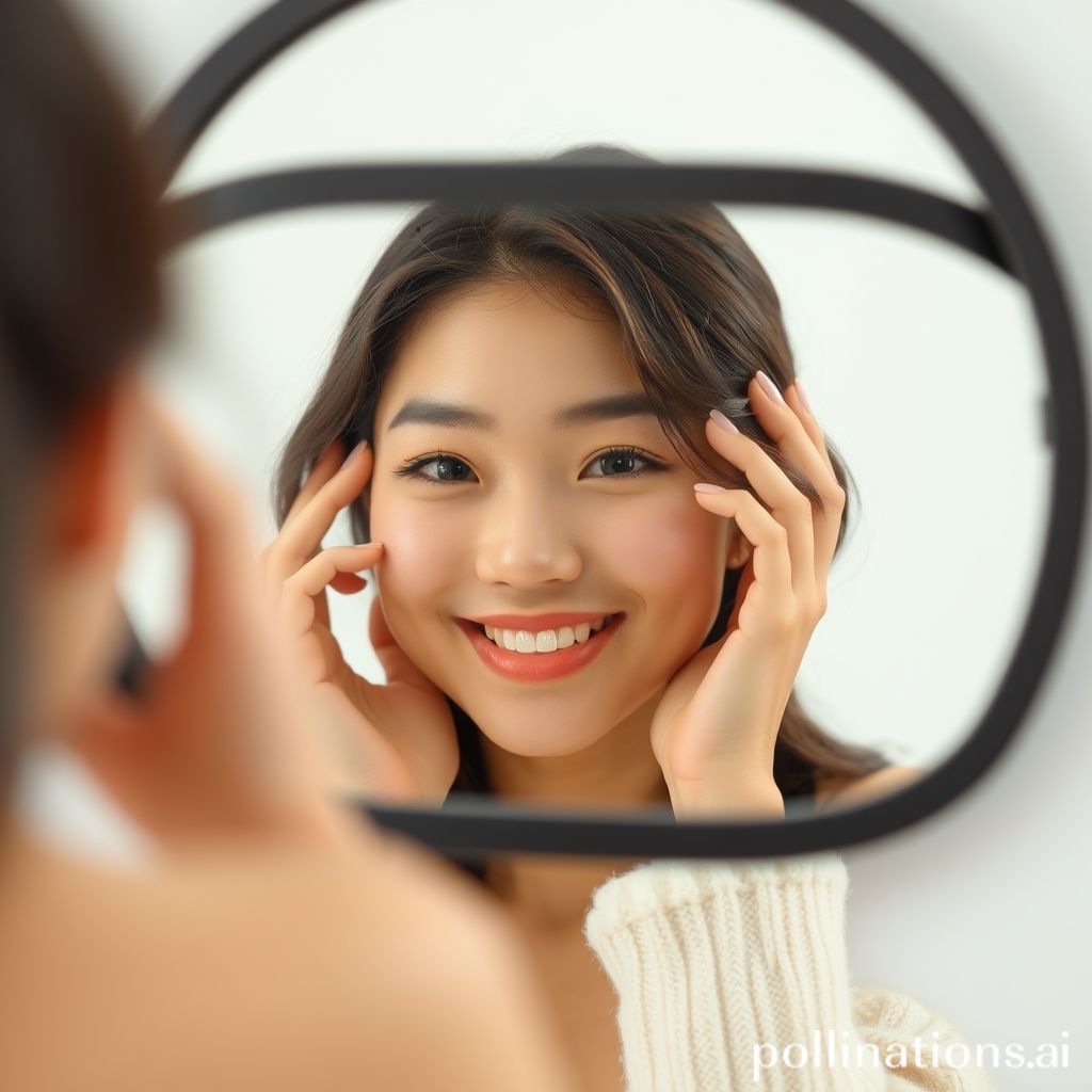ผู้หญิงยิ้มให้ตัวเองในกระจกเมื่อเห็นผิวหน้าที่ดีขึ้น