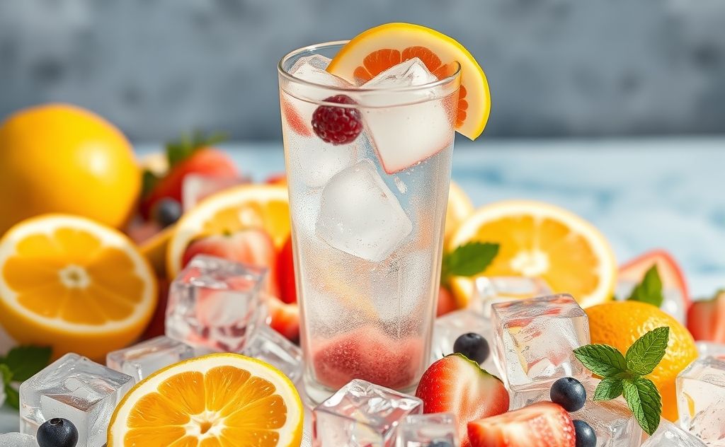 A refreshing glass of water surrounded by ice cubes and summer fruits.