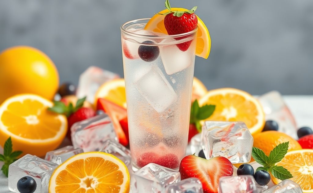 A refreshing glass of water surrounded by summer fruits and ice.