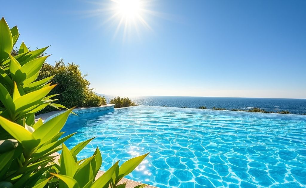 A refreshing pool surrounded by lush green plants on a sunny day