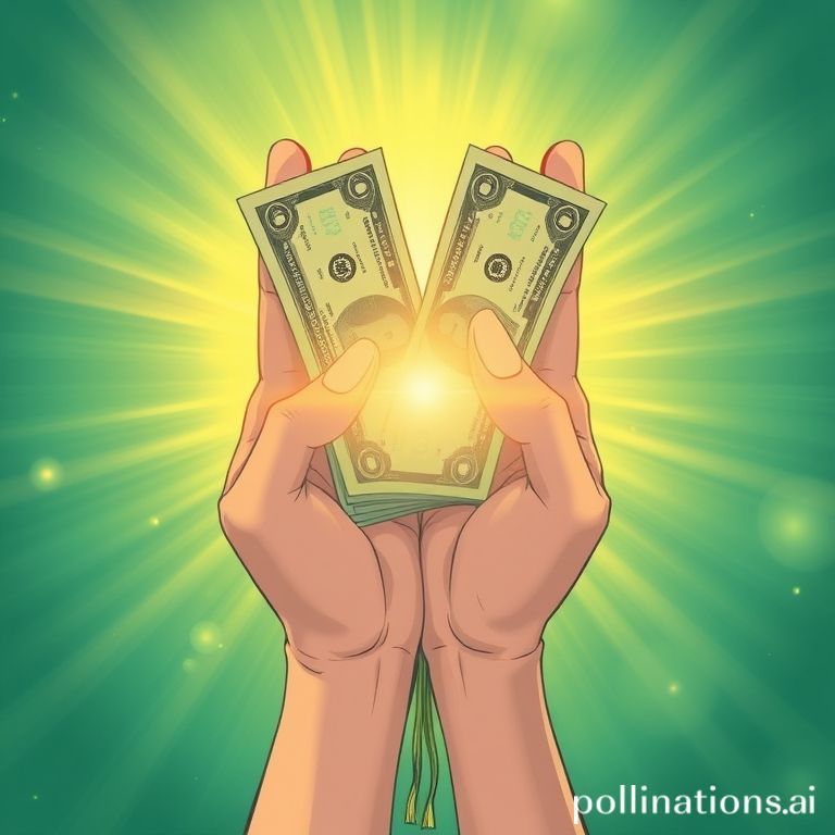 両手で現金を持ち、幸福の光が溢れ出す。いやらしくない上品な構図。