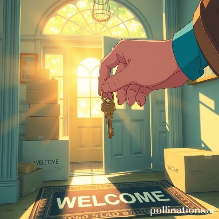 玄関マットWELCOME。木漏れ日、段ボール、観葉植物——鍵が回る始まりの瞬間。