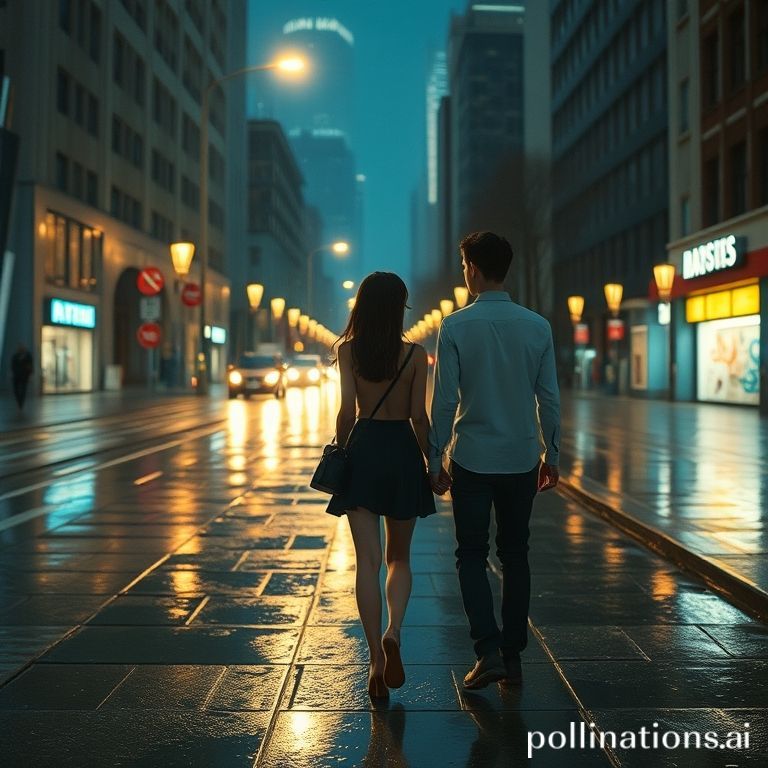 夜の帰り道。水たまりに灯りが滲む。指先が触れそうで触れない二人。