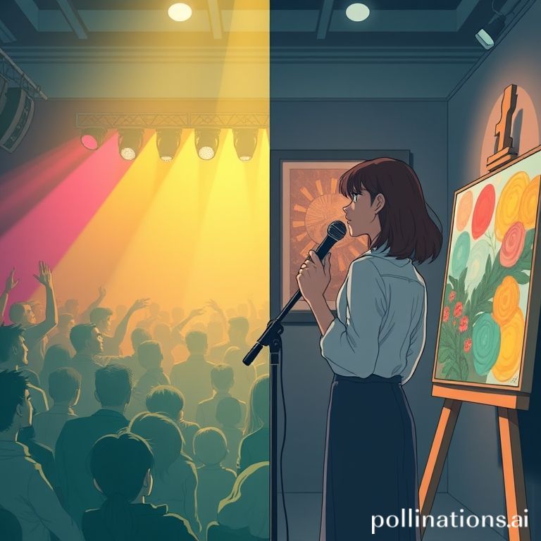 左は音楽で会場が湧く。右は女性の個展で笑顔が咲く。中央で世界を分割（右側にマイクなし）。