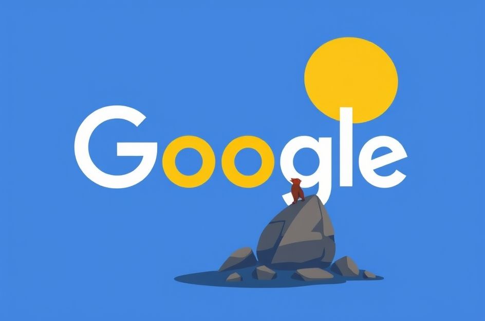 Sebuah ilustrasi yang menampilkan logo Google yang besar dan dominan, dengan tangan raksasa berbendera Inggris (CMA) yang memegang kaca pembesar, menyoroti logo tersebut. Latar belakang menunjukkan diagram batang yang menanjak tajam, melambangkan dominasi pasar, dan elemen-elemen digital abstrak seperti kode biner atau garis sirkuit.