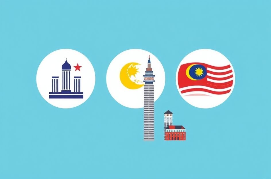 Sebuah kolase atau gambar terpisah yang menampilkan ikon-ikon terkenal dari Singapura dan Malaysia. Di sisi kiri, pemandangan modern Singapura dengan Marina Bay Sands, Supertree Grove di Gardens by the Bay, dan latar belakang langit biru cerah. Di sisi kanan, pemandangan Malaysia yang lebih beragam, seperti Menara Kembar Petronas yang megah di Kuala Lumpur atau pemandangan pantai tropis di Langkawi dengan air jernih dan pasir putih. Gambaran keseluruhan harus memiliki warna-warna cerah dan suasana ceria yang menggambarkan kegembiraan liburan.