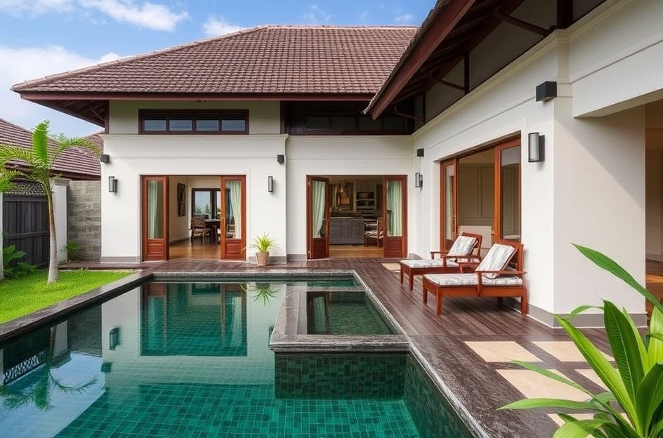 Sebuah villa mewah bergaya tradisional Bali dengan pemandangan sawah hijau terasering dan pegunungan yang menawan di kejauhan. Di dapur terbuka villa, terlihat seorang wisatawan sedang menyiapkan hidangan lokal dengan bahan-bahan segar yang tertata apik di meja kayu. Suasana hangat, otentik, dan relaks yang mencerminkan pengalaman rumah liburan berbasis kuliner.
