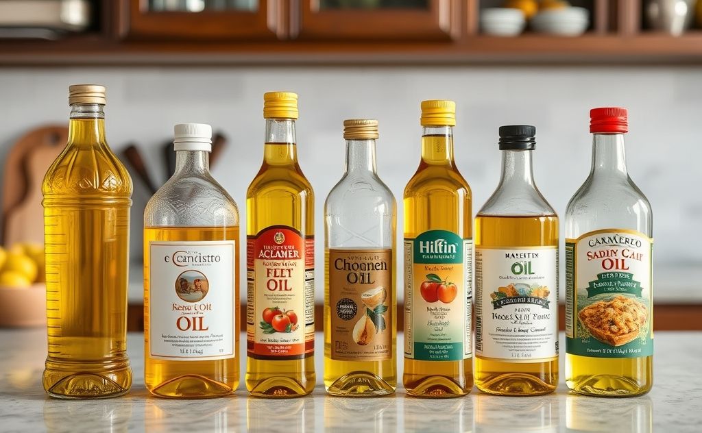 A selection of cooking oils with a high smoke point on a kitchen counter.
