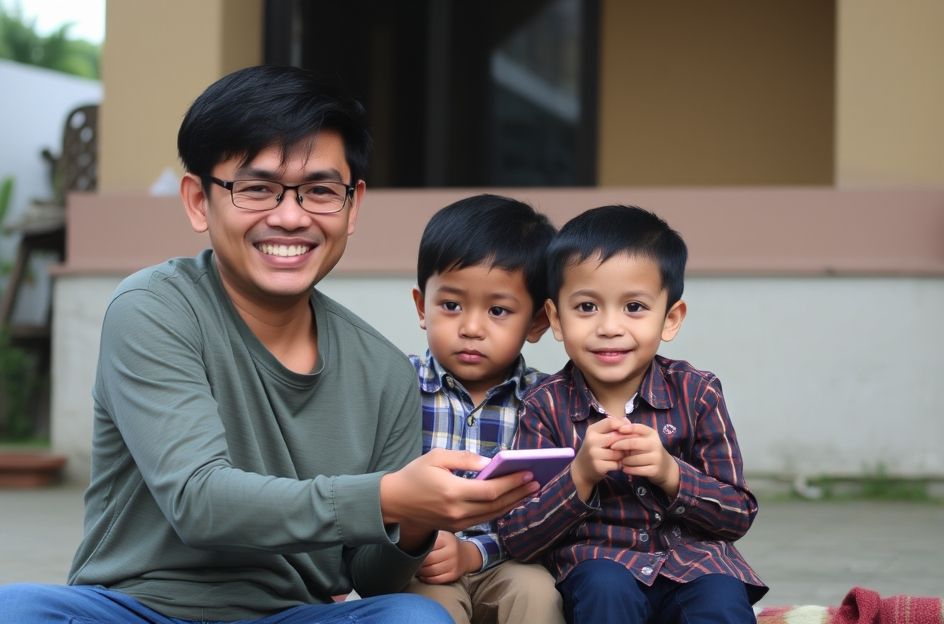Seorang anak laki-laki dan seorang anak perempuan tersenyum gembira saat mereka duduk di depan laptop, tampak sedang memprogram atau berinteraksi dengan perangkat lunak visual koding. Latar belakang menunjukkan elemen teknologi ramah anak seperti robot mini atau ikon AI yang cerah dan berwarna-warni, menciptakan suasana belajar yang menyenangkan dan inovatif.