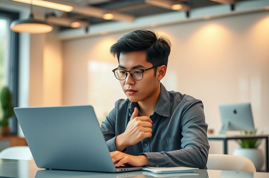 Seorang profesional muda sedang bekerja dengan serius di depan laptop, namun tangannya memijat lembut area matanya yang terlihat sedikit lelah. Di latar belakang, meja kerja tertata rapi dengan pencahayaan yang cukup, menunjukkan suasana kerja yang kondusif. Wajahnya menunjukkan kebutuhan akan istirahat.