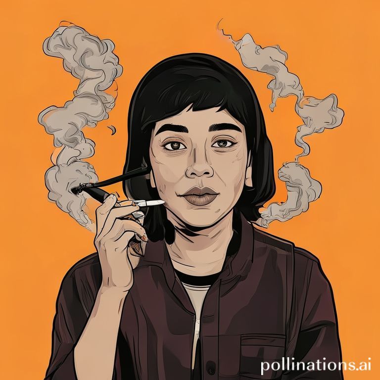 Seorang remaja dengan rokok elektrik (vape) di tangan, dengan latar belakang ilustrasi awan asap yang membentuk rantai atau simbol kecanduan. Warna-warna cerah vape kontras dengan ekspresi wajah remaja yang mungkin tampak acuh, menekankan daya tarik perangkat ini pada generasi muda dan bahaya tersembunyi yang ditimbulkan.