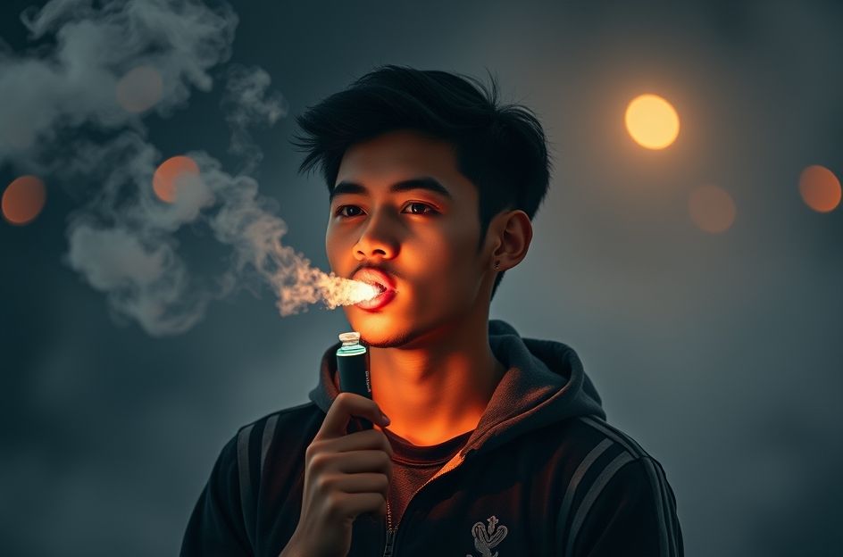 Seorang remaja dengan rokok elektrik (vape) di tangan, dengan latar belakang ilustrasi awan asap yang membentuk rantai atau simbol kecanduan. Warna-warna cerah vape kontras dengan ekspresi wajah remaja yang mungkin tampak acuh, menekankan daya tarik perangkat ini pada generasi muda dan bahaya tersembunyi yang ditimbulkan.