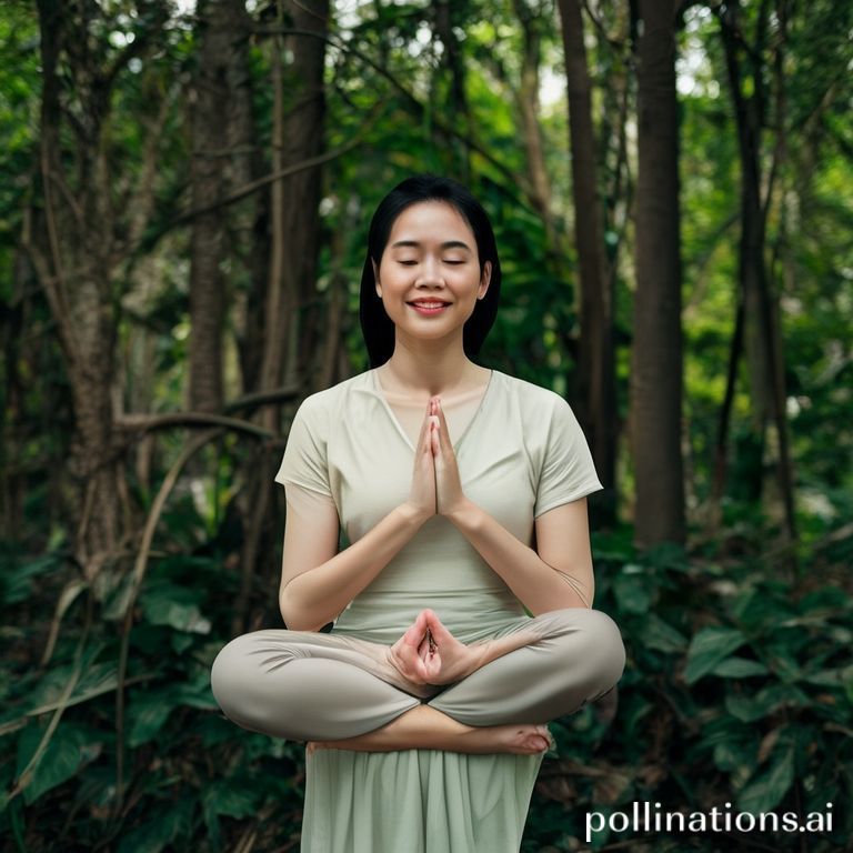 Seorang wanita muda tersenyum tenang sambil melakukan meditasi di taman yang hijau, dikelilingi oleh dedaunan dan bunga yang indah. Suasana cerah dan damai, menonjolkan konsep kesehatan mental dan kesejahteraan.