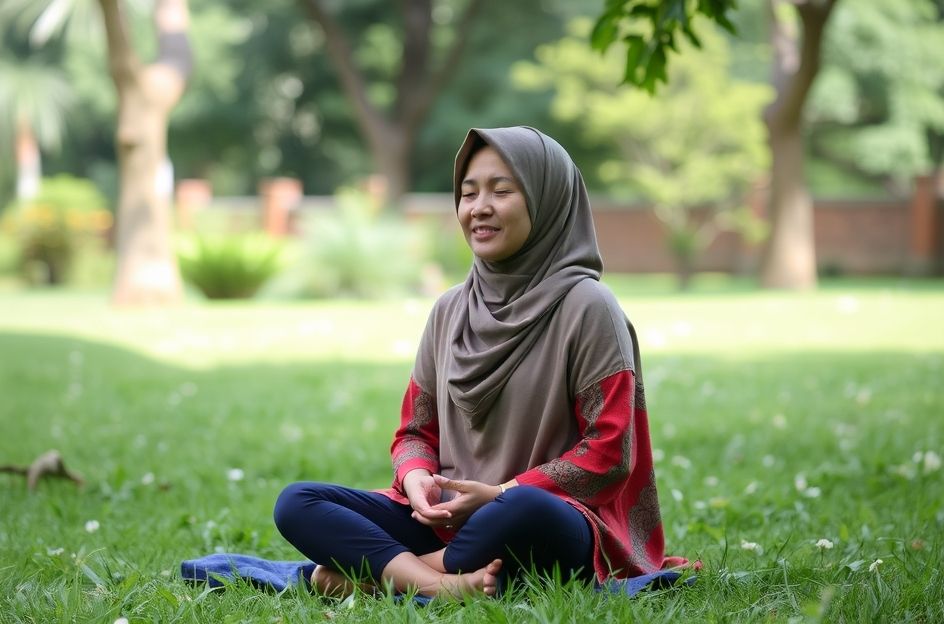 Seorang wanita muda tersenyum tenang sambil melakukan meditasi di taman yang hijau, dikelilingi oleh dedaunan dan bunga yang indah. Suasana cerah dan damai, menonjolkan konsep kesehatan mental dan kesejahteraan.