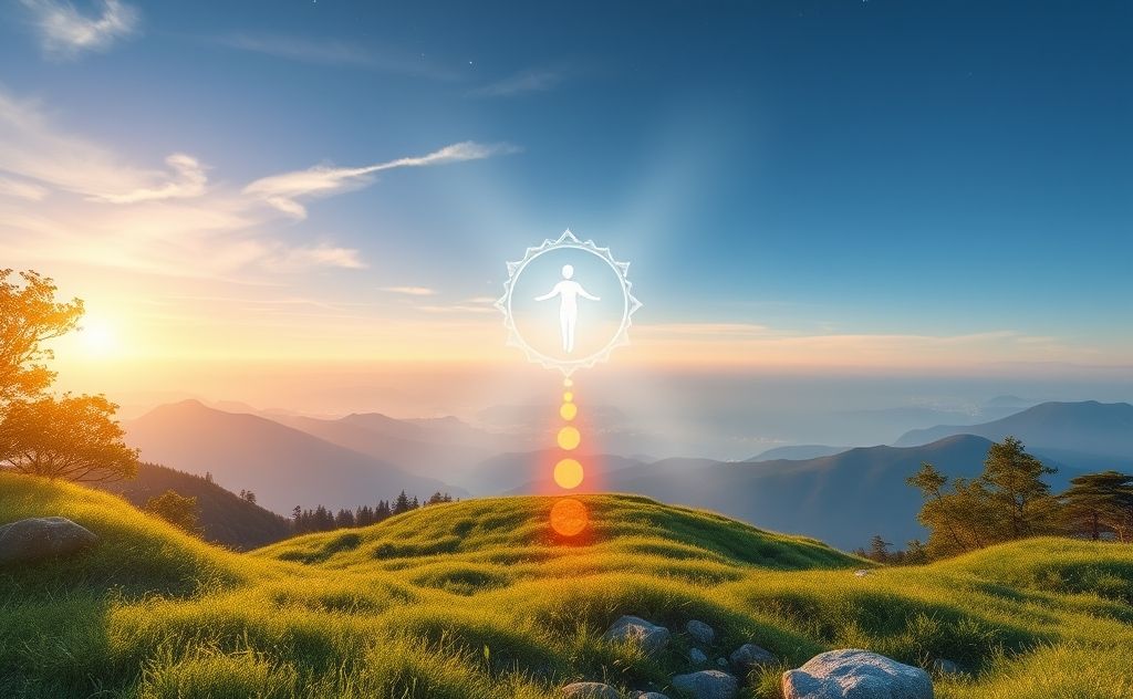 A serene meditation scene with glowing chakra symbols and nature.