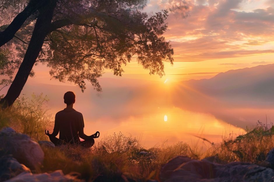 Person Meditating Peacefully at Sunrise