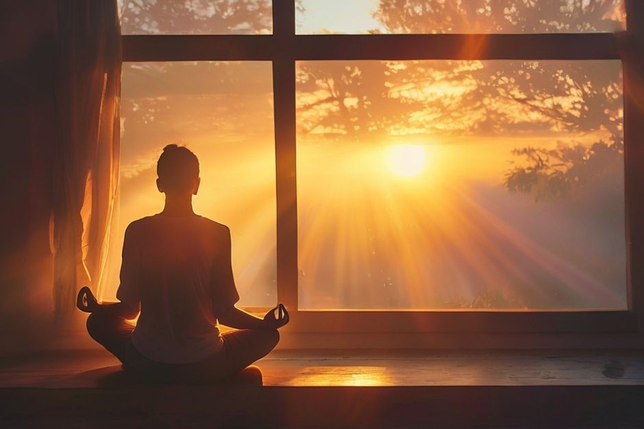 Person meditating peacefully at sunrise