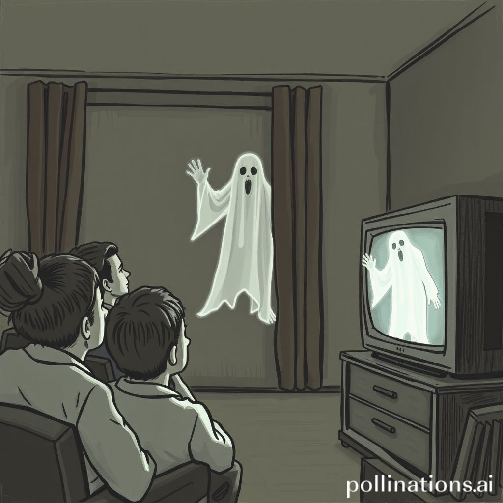 Público impactado observando una aparición fantasmal en televisión