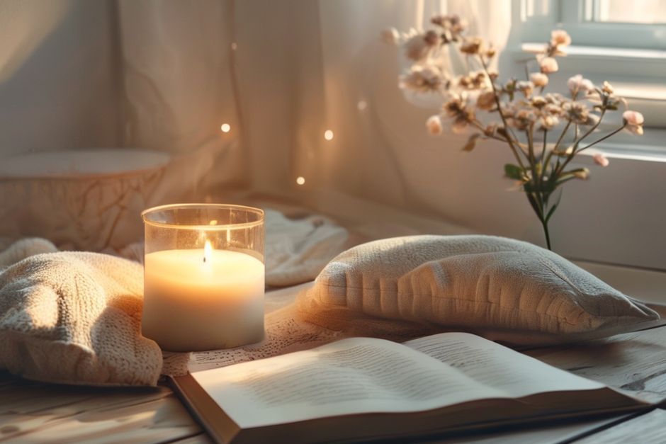 Meditation space with candle and journal