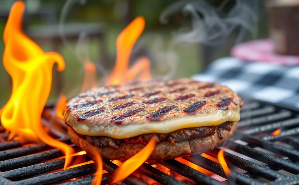 A sizzling burger on a grill with flames and smoke.