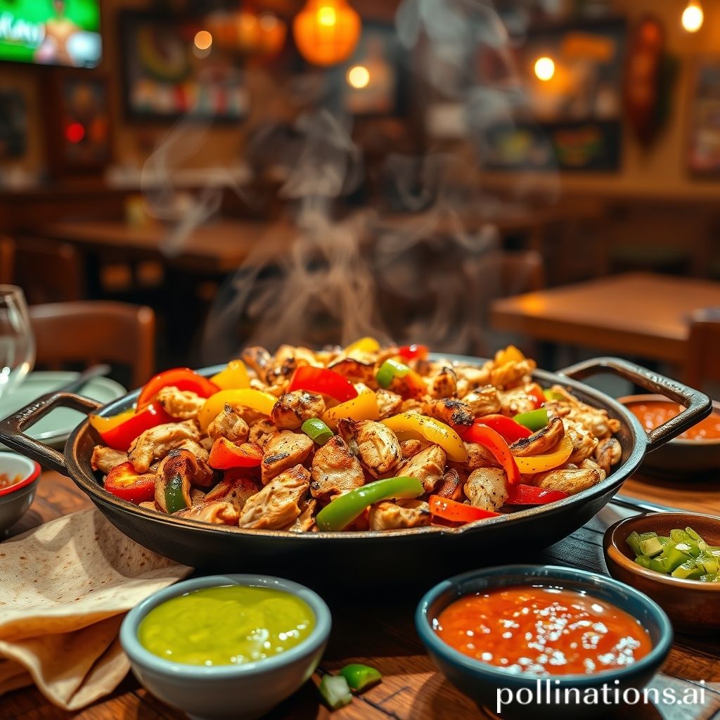 Picture of mouth-watering chicken fajitas sizzling on a skillet