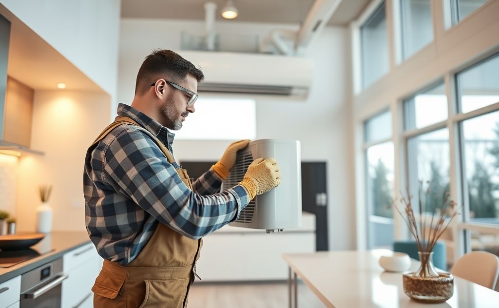 A skilled technician installing a heat pump in a modern home setting.