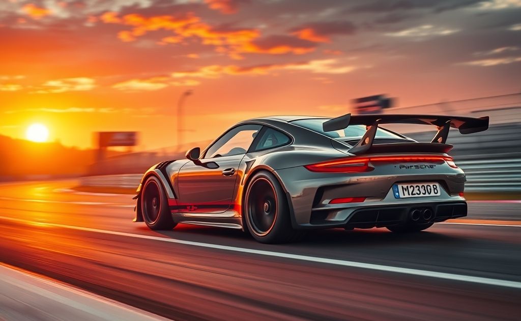 A sleek Porsche 911 RSR racing on a vibrant track at sunset.