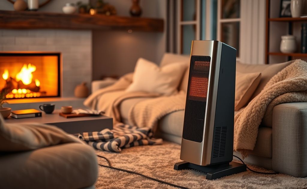 A sleek electric space heater in a cozy living room setting.