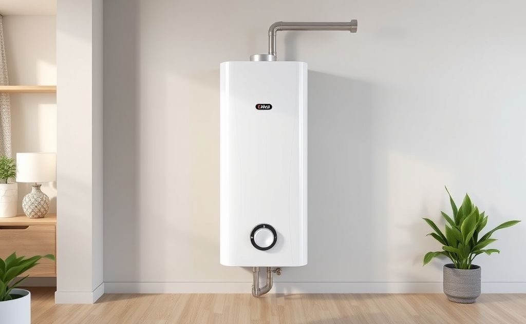 A sleek electric water heater displayed in a modern home setting.