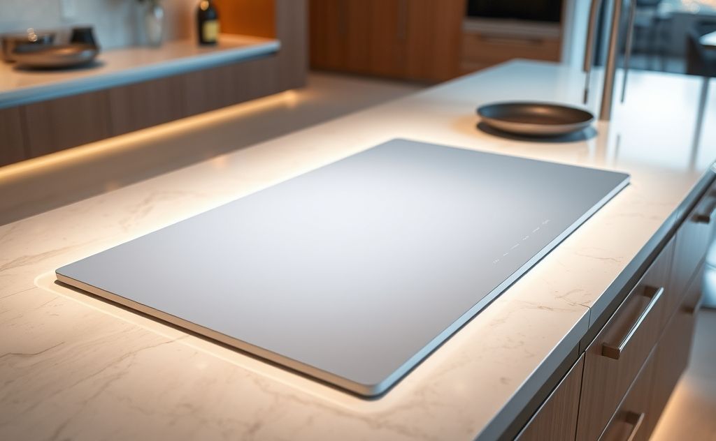A sleek induction heater on a modern kitchen countertop.