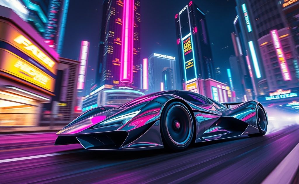 A sleek racing car speeding through a neon-lit cityscape.