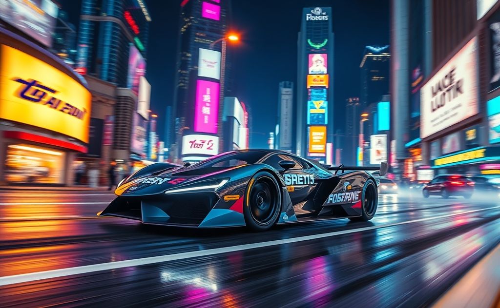 A sleek racing car speeding through a vibrant cityscape at night.