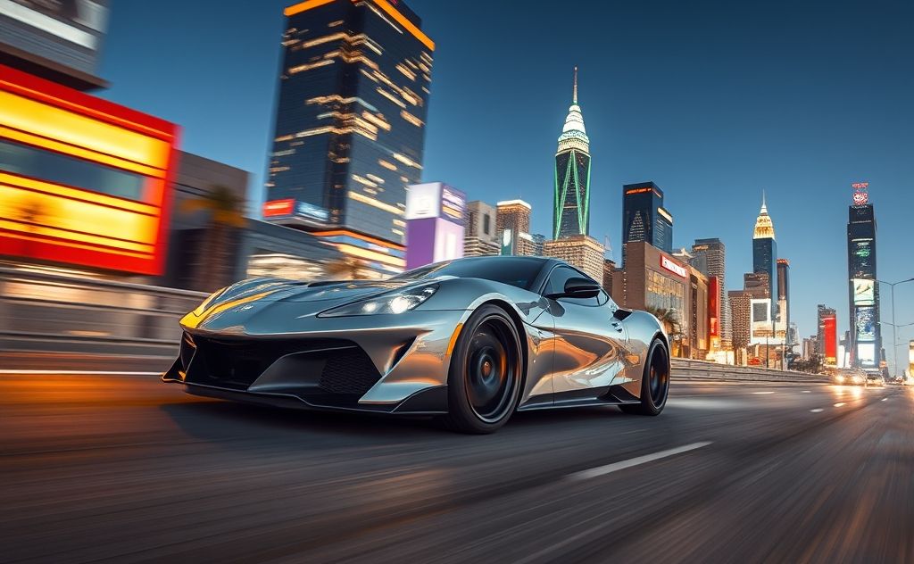 A sleek sports car speeding through a vibrant urban landscape.