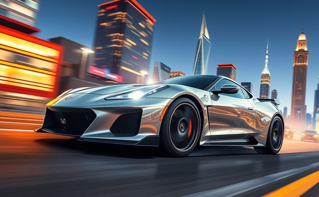 A sleek, high-performance sports car racing through a vibrant cityscape.