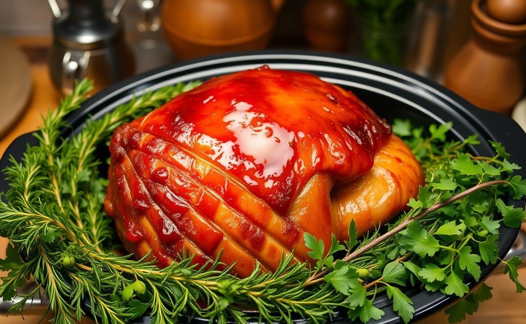 A slow cooker with a honey baked ham surrounded by herbs.