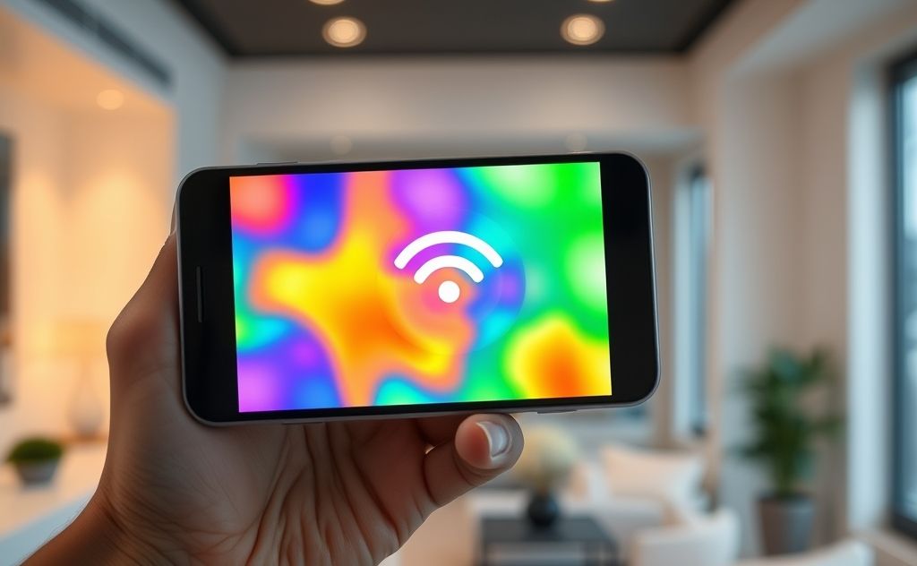 A smartphone displaying a colorful WiFi heat map on a screen.