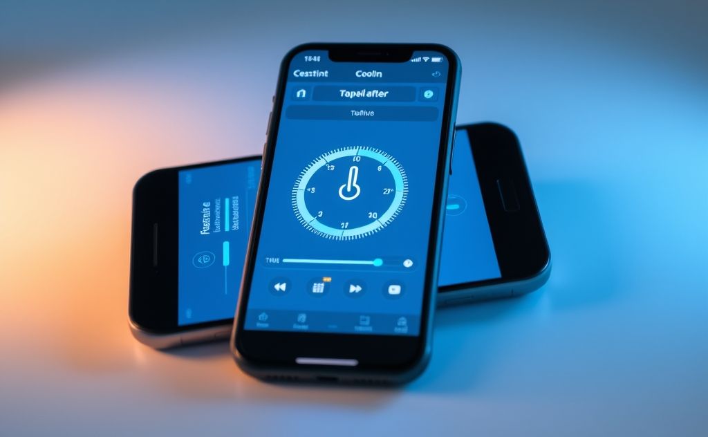 A smartphone displaying a cooling app interface with a thermometer.