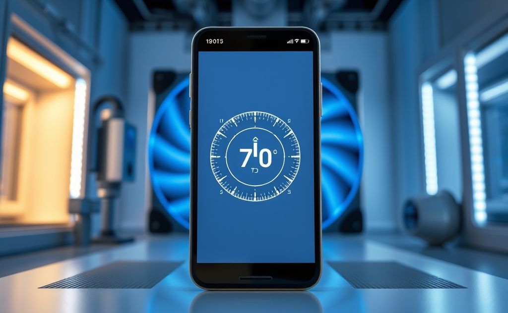 A smartphone displaying a temperature gauge with a cooling fan in the background.
