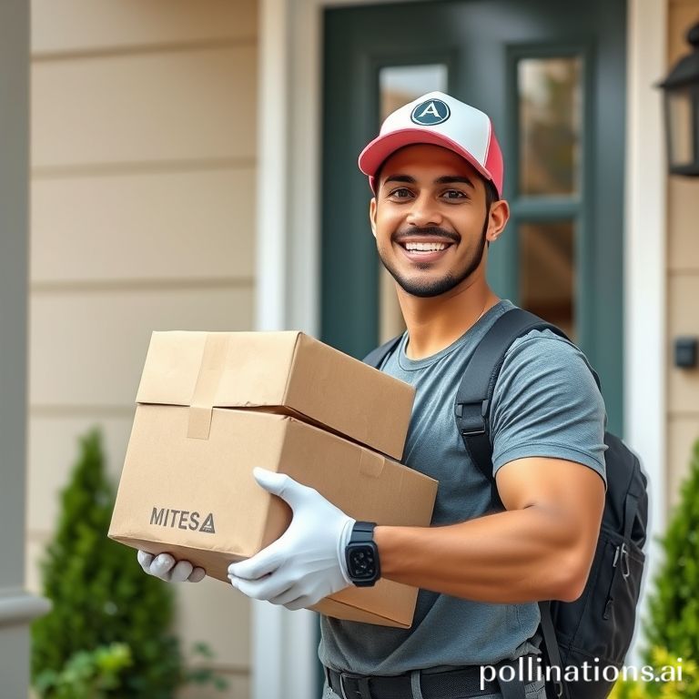 Kurir tersenyum mengantarkan paket kaos