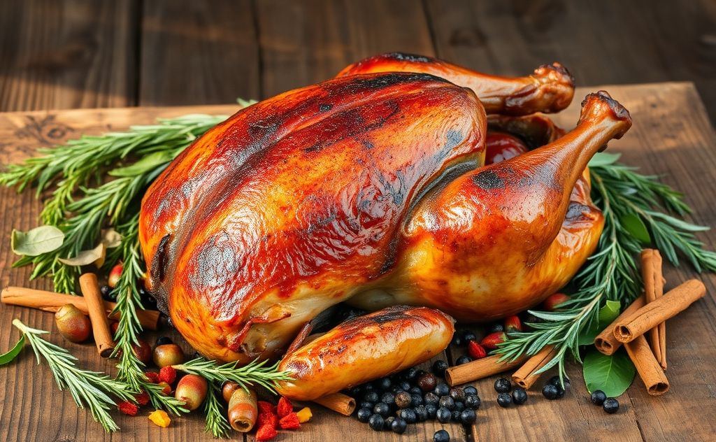 A smoked turkey on a wooden table surrounded by herbs and spices.