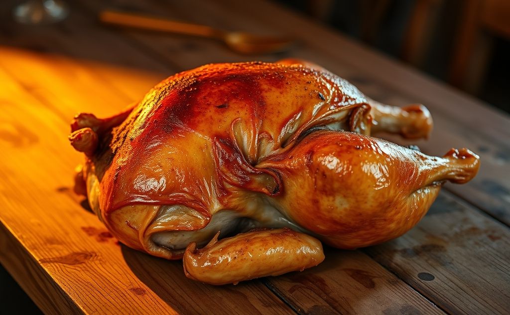 A smoked turkey resting on a wooden table with a warm glow.