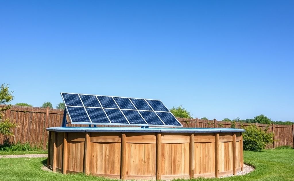 A solar panel heating an above ground pool under a clear blue sky.