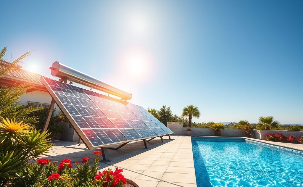 A solar panel heating system beside a swimming pool under sunlight