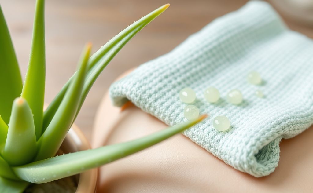 A soothing aloe vera plant next to a cooling cloth on skin.