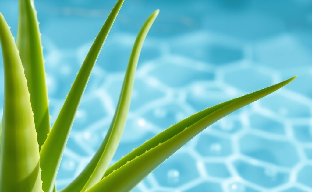 A soothing aloe vera plant with a backdrop of cool water.