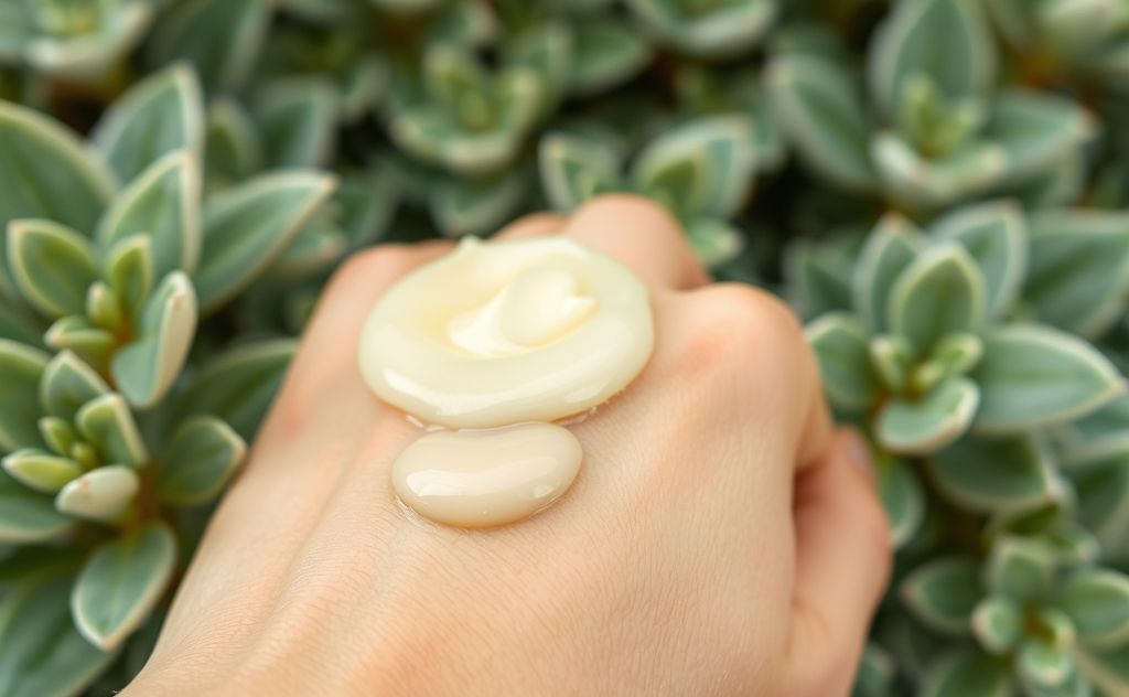 A soothing balm applied to irritated skin with a backdrop of cool greenery.