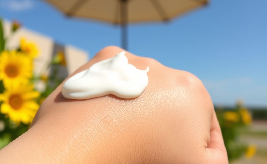 A soothing cream applied to irritated skin in a sunny outdoor setting.