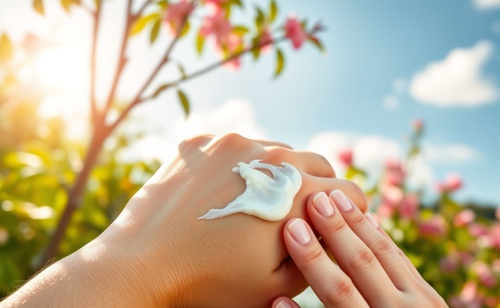 A soothing cream applied to irritated skin with a backdrop of summer.